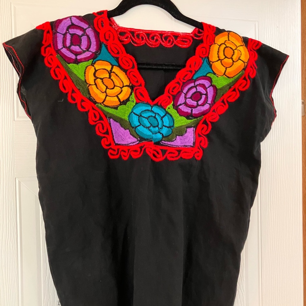 Colorful Floral Embroidered Black Blouse